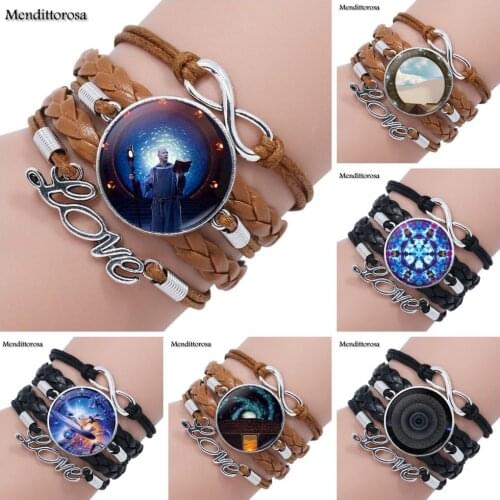 Mendittorosa Harajuku Style Jewelry With Glass Cabochon Multilayer Black/Brown Leather Bracelet Bangle For Women Stargate Portal