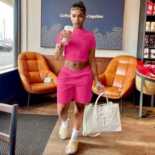 2021 new fashion two-piece womens short-sleeved O-neck T-shirt and elastic waist tight shorts home casual fashion sports suit