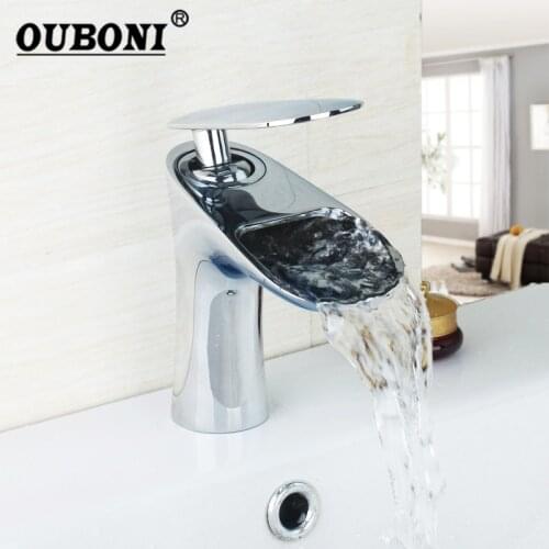 OUBONI Silver Deck Mounted Waterfall Bathroom Wash Basin Sink Faucet Mixer Taps Chrome Polished Bathroom Faucet