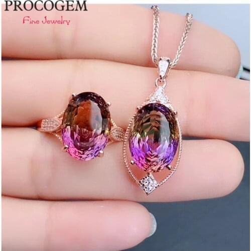 Birds nest Cut Trendy Ametrine Jewelry sets for Women Party Gift Necklace Ring 10x14mm gemstone fine Jewelry S925 Silver
