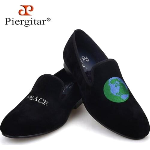 Piergitar new British style handmade men smoking slippers black velvet shoes with two embroidery design males loafers plus size