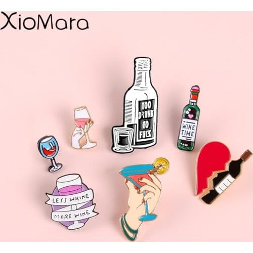 Cheer ! Wine Glasses Enamel PIn Wine Time Couple Pins Red Wine Bottle cup Brooches Enamel Pin Badge For Lovers Best Friend Pins
