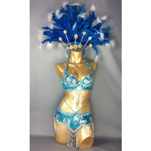 Free shipping hot selling Sexy Samba Rio Carnival Costume womens belly dance costume with Turquoise Feather Head piece