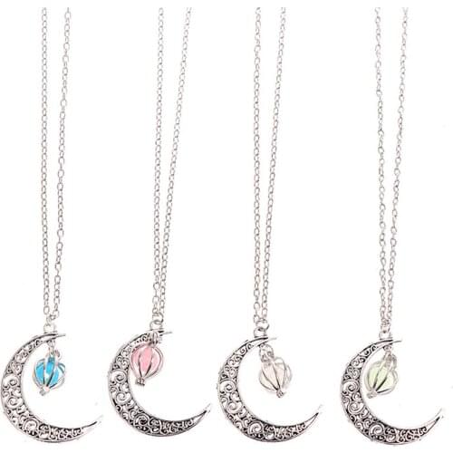 Moon Glowing Necklace Charm Jewelry Silver Plated Women Halloween Pendant Hollow Luminous Stone Pendant Necklace