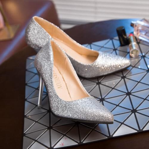Womens Wedding Shoes Bride High Heels 2021 NEW Wild Joker Style Sequins Sexy Women Pumps Pointed toes Silver Black Gold