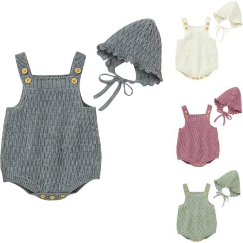Korean Style Spring Autumn Baby Girl Knitting Solid Color Bodysuits+Hat Newborn Baby Girls Sleeveless Knitting Jumpsuit Overall