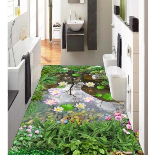 Custom flooring vinyl pvc Lotus pond stream scenery 3d floor painting Living room bedroom Waterproof and self-adhesive floor