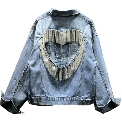 2021 Autumn New Jeans Jacket Arrivals Streetwear Long Sleeve Hollow Out Slim Rhinestone Tassel Backless Denim Short Coat Women