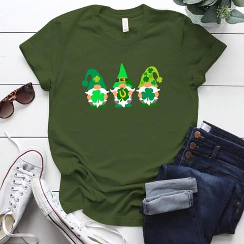 St. Patricks Day T Shirt Women Three Gnomes Printing Aesthetic Graphic T Shirts Short Sleeve Crew Neck Summer Clothes Tops