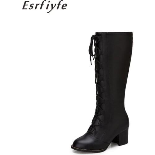 ESRFIYFE 2020 New Autumn Winter Women Knee High Boots Pu Leather Lace Up Women Shoes Round Toe High Heel Shoes Woman Black