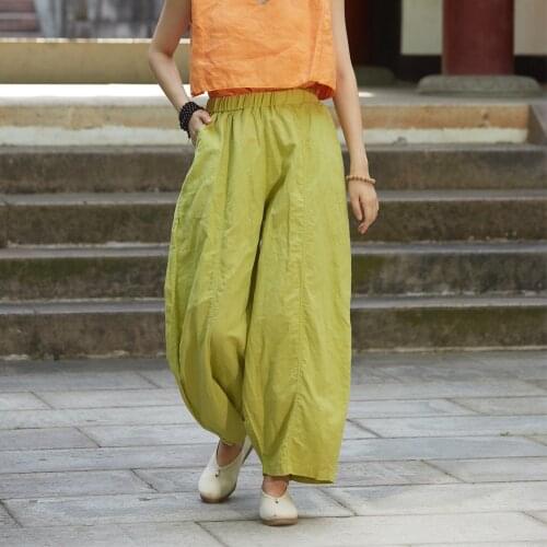 Women Loose Elastic Waist Solid Color Pants Female Vintage Knickerbockers Ladies Retro 2020 Summer Trousers