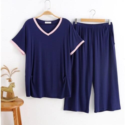 Plus Size 2PCS Modal Pajamas Suit Female V-Neck T-shirt&Calf-Length Pants Sleepwear 3XL-5XL Summer New Nightwear Autumn Homewear