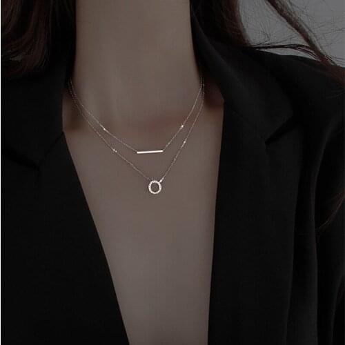 925 Sterling Silver Zircon Circle Necklace for Women Double Layer Clavicle Chain Necklace Gifts