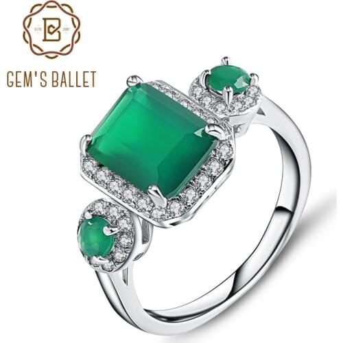 Gems Ballet 2.28Ct Emerald Cut Natural Green Agate Gemstone Vintage Rings Solid 925 Sterling Silver Fine Jewelry For Women