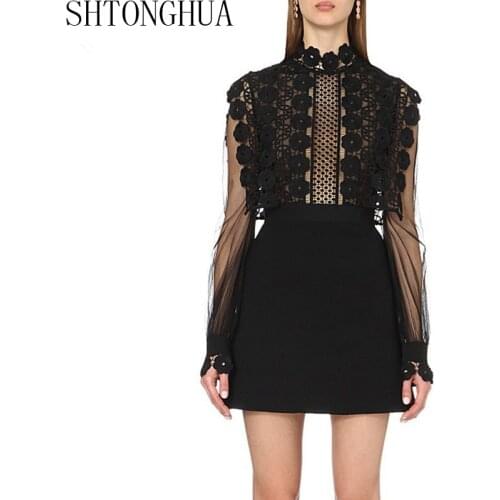 SHTONGHUA Self Portrait Summer Women Party Dress 2019 Runway Lace Hollow Out Patchwork Long Sleeve Sexy Ladies Mini Dress
