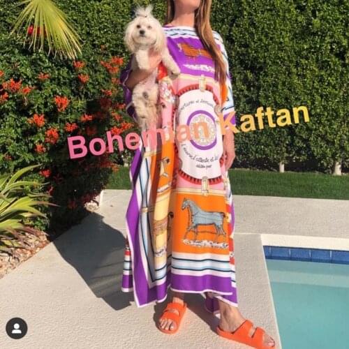Africa Fashion Blogger Recommend Popular printed Silk Kaftan Maxi dresses Loose Summer Beach Bohemian kaftan long dress for lady