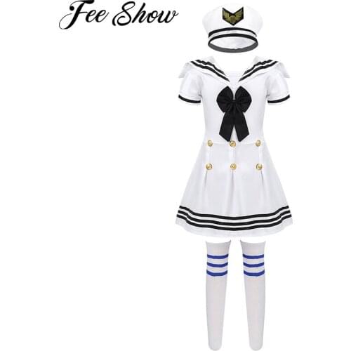 Kids Short Sleeves Dress with Hat Socks Set Roleplay Outfit Sailor Uniform School Chorus Girls Stage Performance Dance Costume