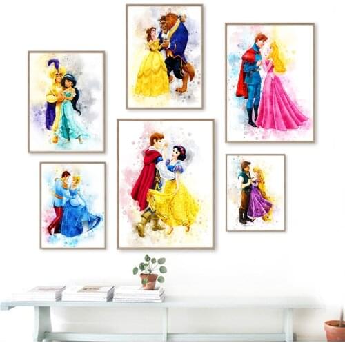 Disney Couples Art Princess and Their Husband Watercolor Canvas Painting Poster and Prints Nursery Wall Art for Kids Room Decor