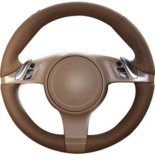 DIY Brown Leather Car Steering Wheel Covers for Porsche Cayenne Panamera 2010 2011 auto Steering Covers