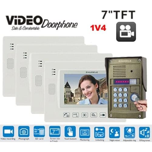 ZHUDELE Home Video Door Phone Doorbell intercom System 7 Inch TFT LCD Screen with Record&Taking photo+ FRID Waterproof IR Camera