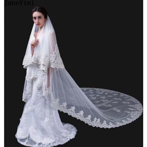 JaneVini Luxury Beaded Ivory Wedding Veil 2 Layers Appliques Edge Pearls Tulle Bridal Veils Cathedral Long Wedding Accessories