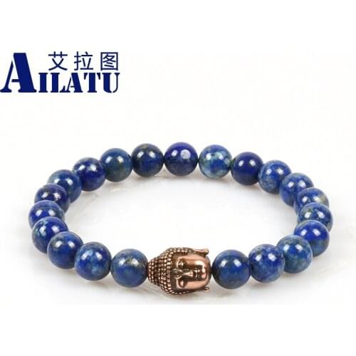 Ailatu Brand Religious Jewelry 8mm Natural Not Fade Lapis Lazuli Stone Beads with Vintage Cz Big Buddha Bracelet