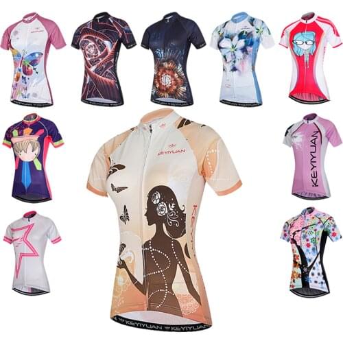 KEYIYUAN Retro Cycling Jersey Women Bike Shirts Top Quick Dry Ladies Summer Short Sleeve Sport Cycle Bicycle Clothing Camisa MTB