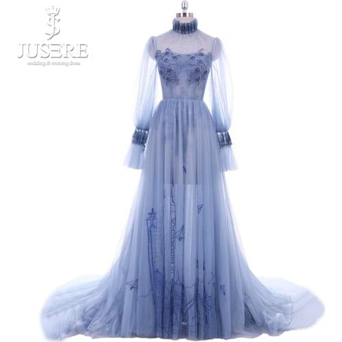 Jusere High Neck A line Embroidery Illusion Back Princess Light Style See Through New Arrival Long Sleeves Evening Dress 2018