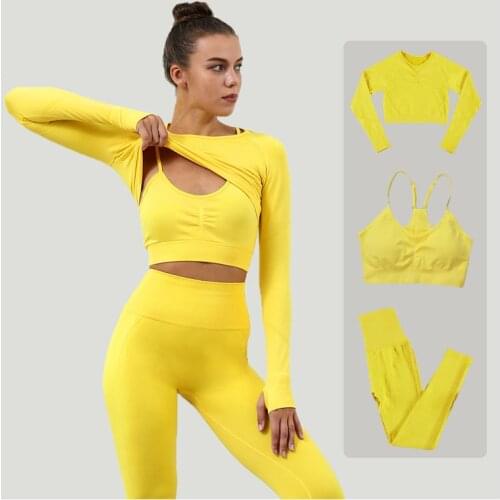 WHOUARE 2/3Piece Yoga Set Seamless Women Sportswear Fitness Suits Sports Long Sleeve Crop Top Bra Scrunch Bum Leggings Suits
