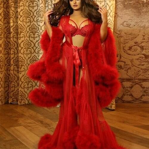 Red Luxury Fur Maternity Gown Long Sleeves Wedding Sleepwear Bathrobes Nightgowns Robes Women Dress for Performance Kimono
