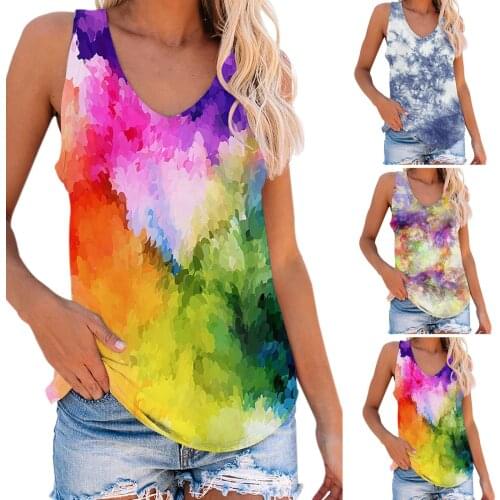 Summer new fashion tie dye printing sleeveless vest casual round neck womens top 2021 free shipping womens wear, топик женский
