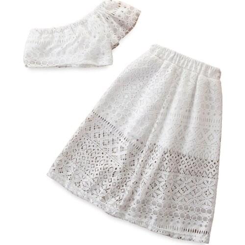 Summer Girls Fashion Lace Clothing Sets Middle And Small Children One-Shoulder Short Top + Skirt Sweet Fashion Clothes