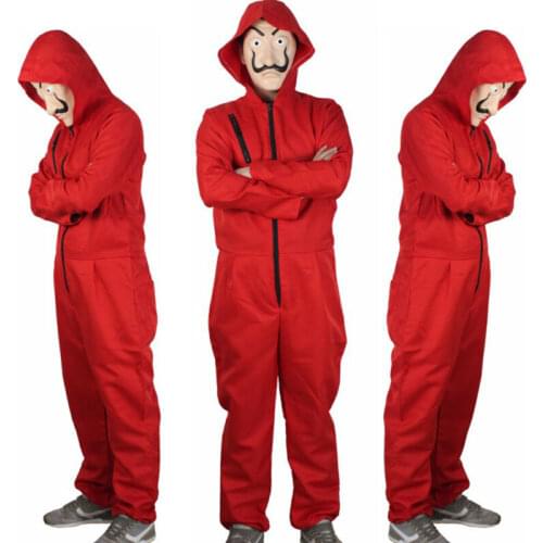 New fashion womens mens unisex Money Red Jumpsuits Playsuits Rompers Mask Hooded Halloween Cosplay Costume card house