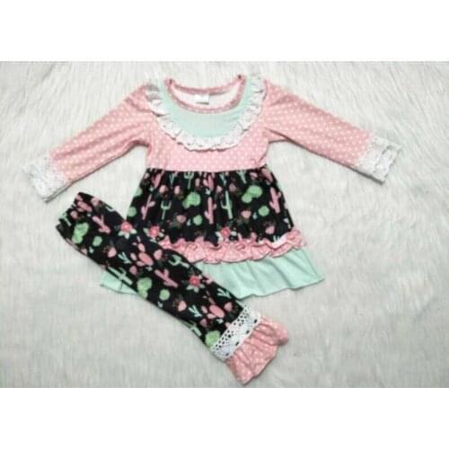 Wholesale/retail cactus outfits baby girls dotted lace top+ruffle plant pants 2 pcs set kid autumn childrens clothing gxj