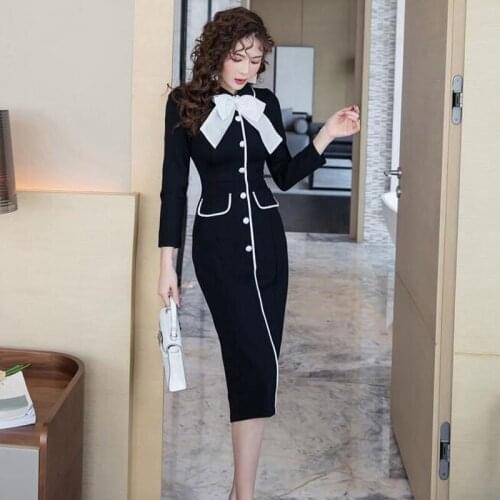 2020 Autumn Winter Fashion Single Breasted Long Sleeve Pocket Design Black OL Professional Office Work Dress Ladies with Bow
