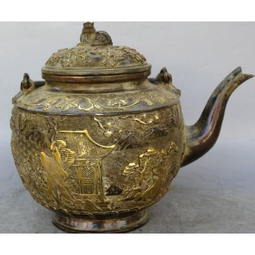 Song voge gem S2121 9" Chinese palace Bronze Gild Beast plum blossom Tree house Wine Tea Pot Flagon