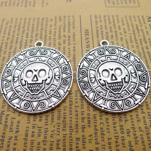 2pcs/Lot 39mm*43mm pendant Antique Silver color Skull Skeleton Bone Head Pattern Disc Charms For Jewelry Making DIY