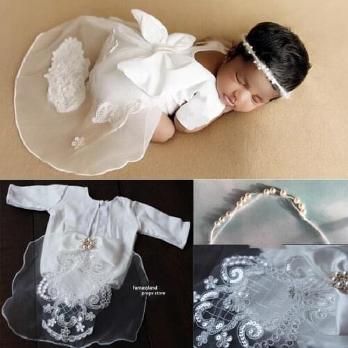 Newborn Photography Props Princess Wedding Dress White Embroidered Girl Baby Headdress Photo Props Costume Tail Dress