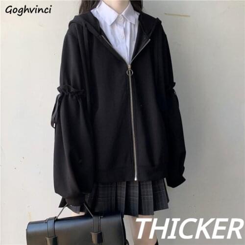 With Hat Hoodies Zip-up Lace-up Plus Velvet Warm Elegant Office Lady Teens Loose Casual Solid Thicker Ruffles Aesthetic Korean