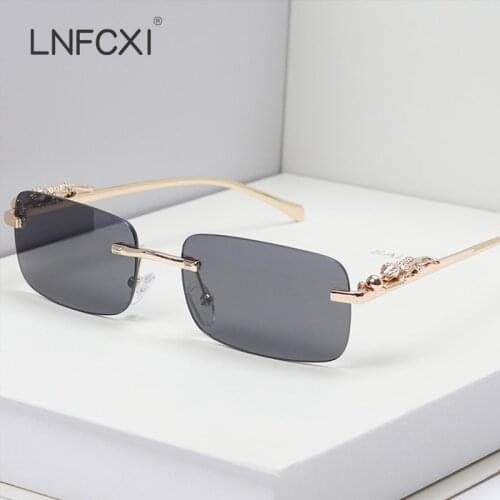 LNFCXI Fashion Rimless Rectangle Sunglasses Women Retro Cheetah Decoration Clear Ocean Lens Eyewear Men Sun Glasses Shades UV400