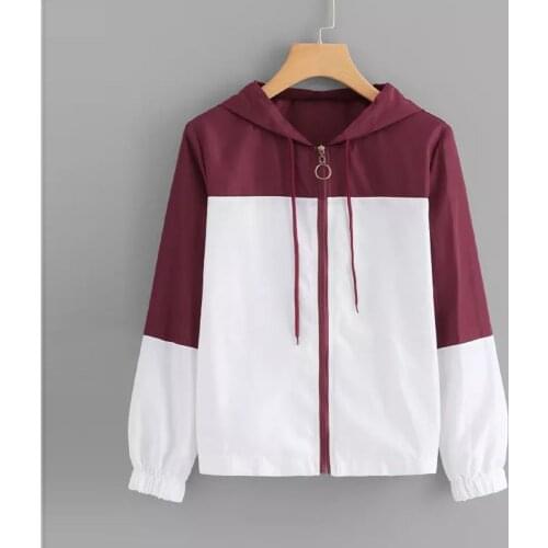 2019 New Autumn Two Tone Windbreaker Hooded Jacket Women Long Sleeve Patchwork Casual Tracksuits Pockets Zipper Outerwear Coats