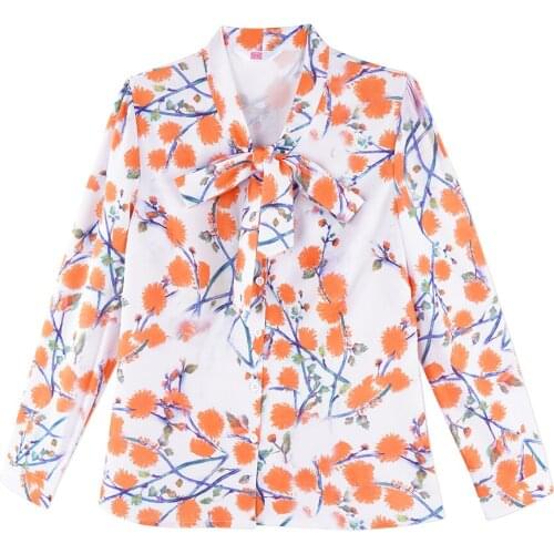 Neatie kiddie Fashion Chiffon Long Sleeve OL Blouse Shirt for Women Bow Tie Collar Floral Print Blusas Tops Female