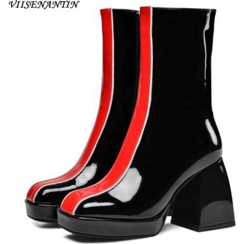 Autumn and Winter New Style Square Toe Thick Heel Waterproof Platform Patent Leather Color Matching Zipper Fashion Ankle Boots