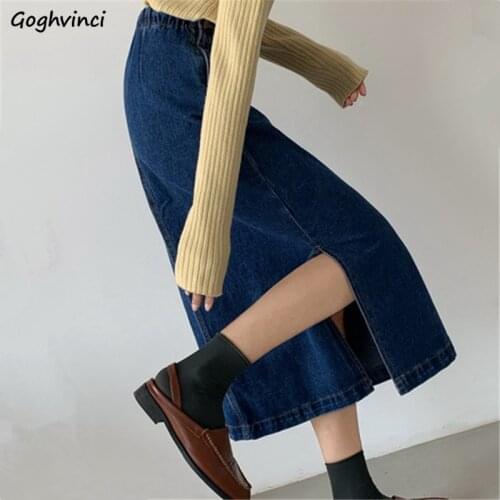 Skirts Women Denim Side-slit Design Vintage Streetwear All-match Asymmetrical Teens Korean Style Elegant Elastic Classic Casual