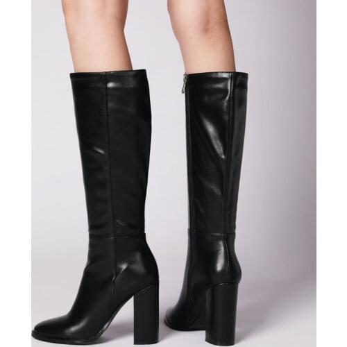 Chunky heel Round Toe Knee Boots Women Fashion Zip High Heel Shoes Ladies Faux Leather Black Red Beige High Boots 2021 Nes Shoes