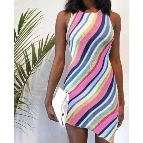 Summer New 2022 Boho Dress Fashion Slim Sleeveless Round Neck Color Striped High Quality Skirt Striped Dress Women