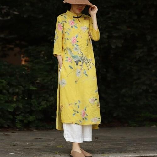 Johnature Women Chinese Style Yellow Dresses Ramie Stand Seven Sleeve 2021 Spring New Print Floral Button Female A-Line Dress