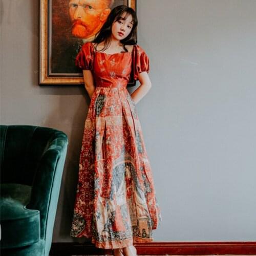 New Summer Floral Printed Holiday Long Boho Dress Women Hollow Out Vintage Short Puff Sleeve Sexy Backless Party Dress Vestidos