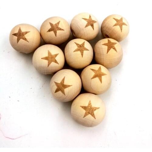100pcs wood star round ball bead pentagram shaped burnt engrave diy accessory wooden craft jewelry accessory 20mm EA138-1