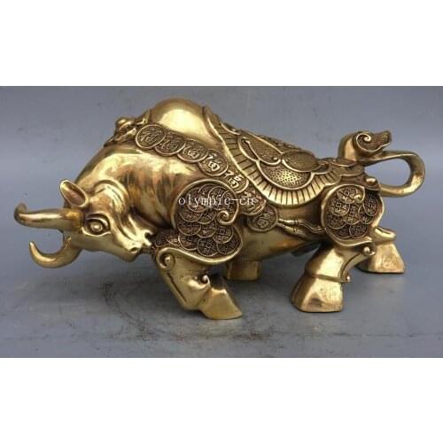 12'' brass copper home fengshui decor auspicious fortune wealth ox bull statue